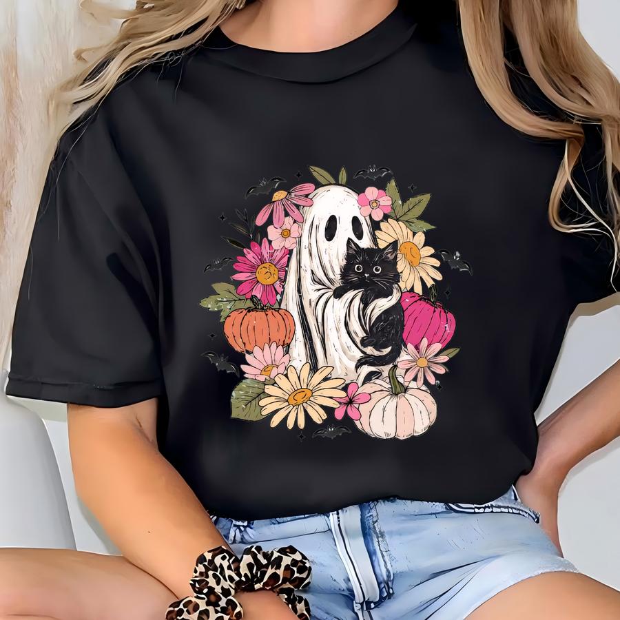 Comfort Color, Halloween Cute Ghost Pumpkin Cat Shirt, Cute Ghost Shirt, Retro Ghost Tee, Women's Halloween Tee Fall Spooky Cat, Retro Ghost T-shirt