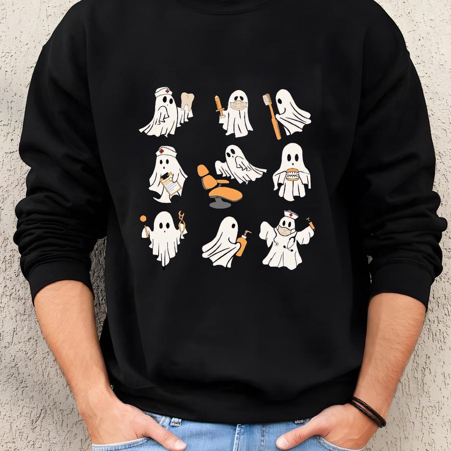 Custom Name Halloween Dentist Tshirt, Ghost Shirt For Dental, Spooky Season,ghost Dentist Hoodie, Personalized Pumpkin Tee, Halloween Teeth Sweatshirt