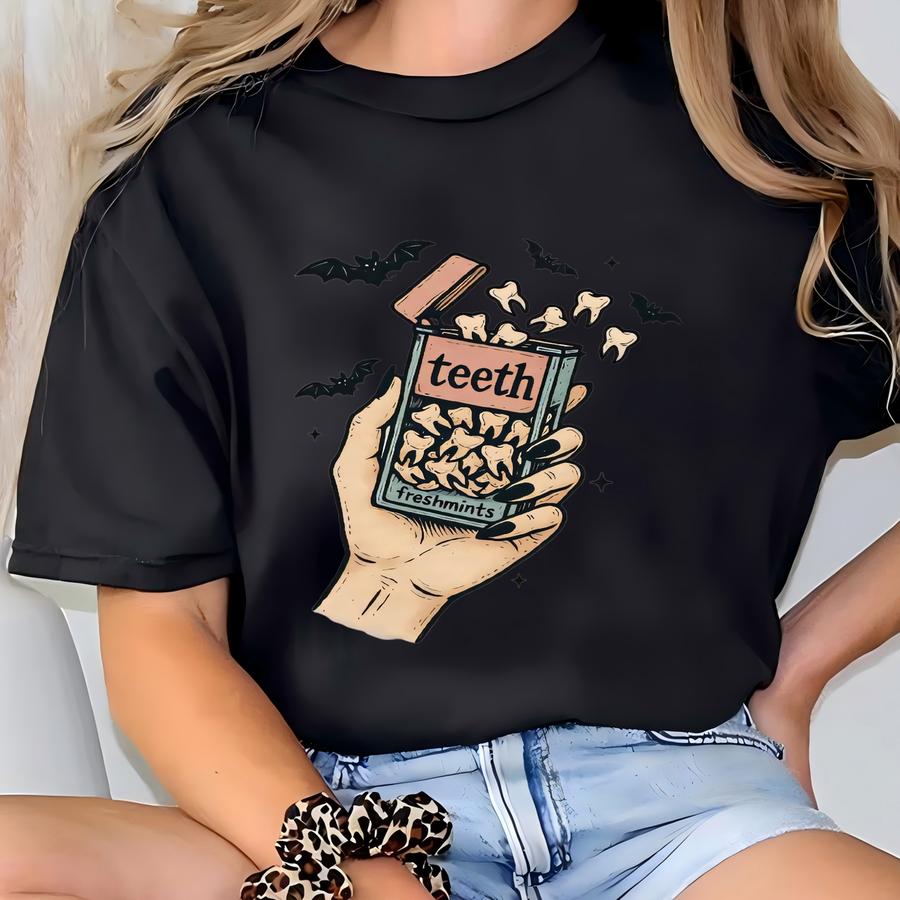 Teeth Freshmints Shirt, Creepy Candy Hoodie, Spooky Season Hoodie, Halloween Party Crewneck, Grunge Graphic Top, Fall Wear, Bats Outfit T-shirt