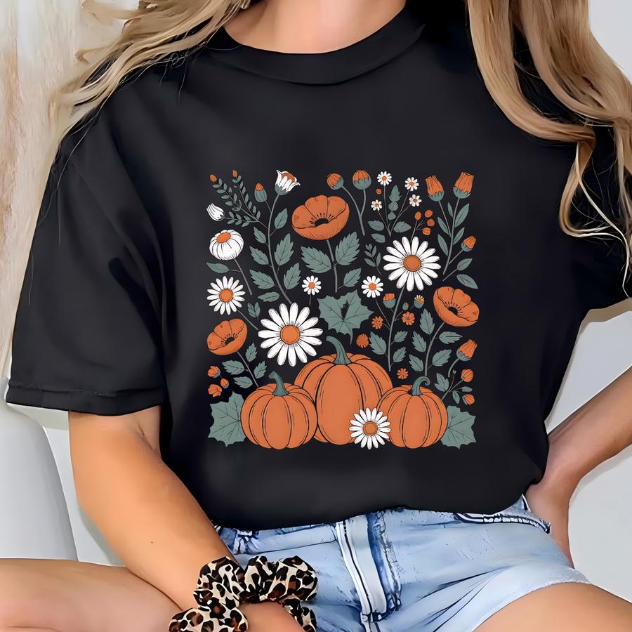 Floral Pumpkin Patch Shirt, Poppies Pumpkins Hoodie, Fall Spirit Hoodie, Daisy Ornamental Crew Neck, Spooky Season Sweater, Autumn Wear T-shirt