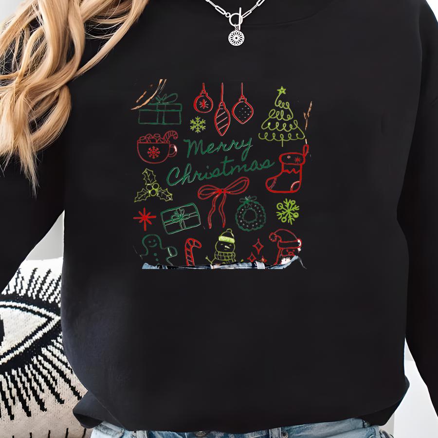 Christmas Doodle Shirt Merry Christmas Tshirt Women Christmas T-shirt Cute Christmas T Shirt Xmas Shirt Holiday Shirt Sweatshirt