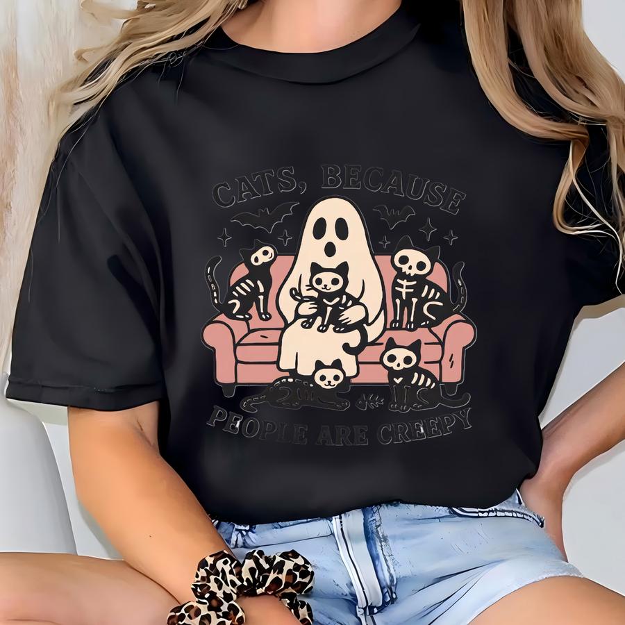 Cats Because People Are Creepy Shirt, Comfy Ghost Hoodie, Kitty Couch Hoodie, Skeleton Kitten Crewneck, Halloween Party Essentials T-shirt
