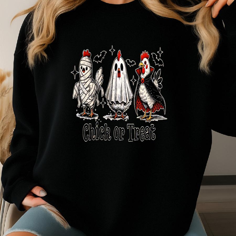 Chick Or Treat Shirt, Chicken Novelty T-shirt, Funny Halloween Crew Neck, Spooky Season Hoodie, Vampire Top, Zombie Rooster Sweater Sweatshirt