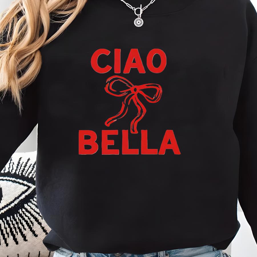 Ciao Bella T-shirt | Boho Pink Bow Tee | Print On Back Of Shirt | Gift For Her | Travel Italy, Italia Vacation, Italian Shirt Sweatshirt