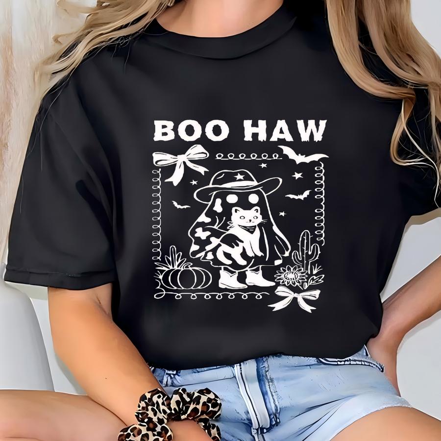 Coquette Western Halloween Ghost And Cat Hoodie | Cute Fall Shirt For Cat Lovers | Cowgirl Girly Ghost Tee With Bows And Pumpkins | Spooky T-shirt