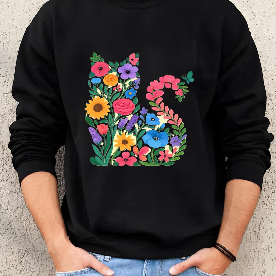 Cat Shirt, Cute Wildflower Cat, Cat Flower Silhouette Design, Premium Unisex Shirt, 3 Color Choices, 2x, 3x, 4x, Plus Sizes Available Sweatshirt
