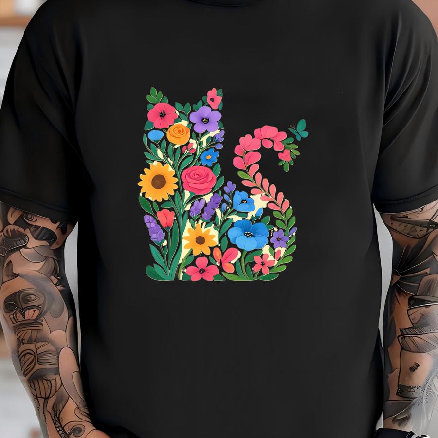 Cat Shirt, Cute Wildflower Cat, Cat Flower Silhouette Design, Premium Unisex Shirt, 3 Color Choices, 2x, 3x, 4x, Plus Sizes Available T-shirt