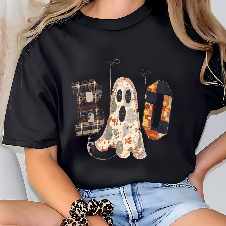 Halloween Boo Faux Stitched Tee | Fall Sweatshirt | Patchwork Print Ghost Crewneck T-shirt