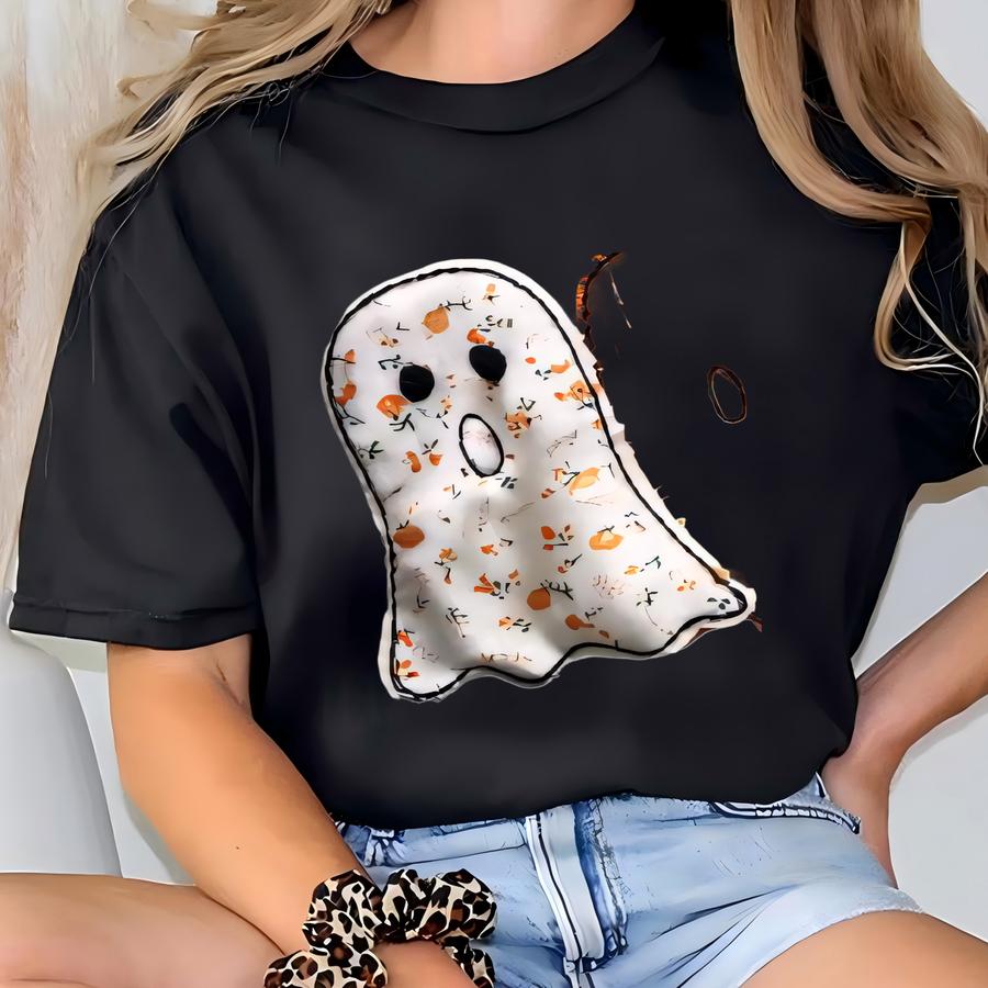 Halloween Ghost Faux Stitched Ghost Tee | Fall Sweatshirt | Patched Ghost Crewneck T-shirt