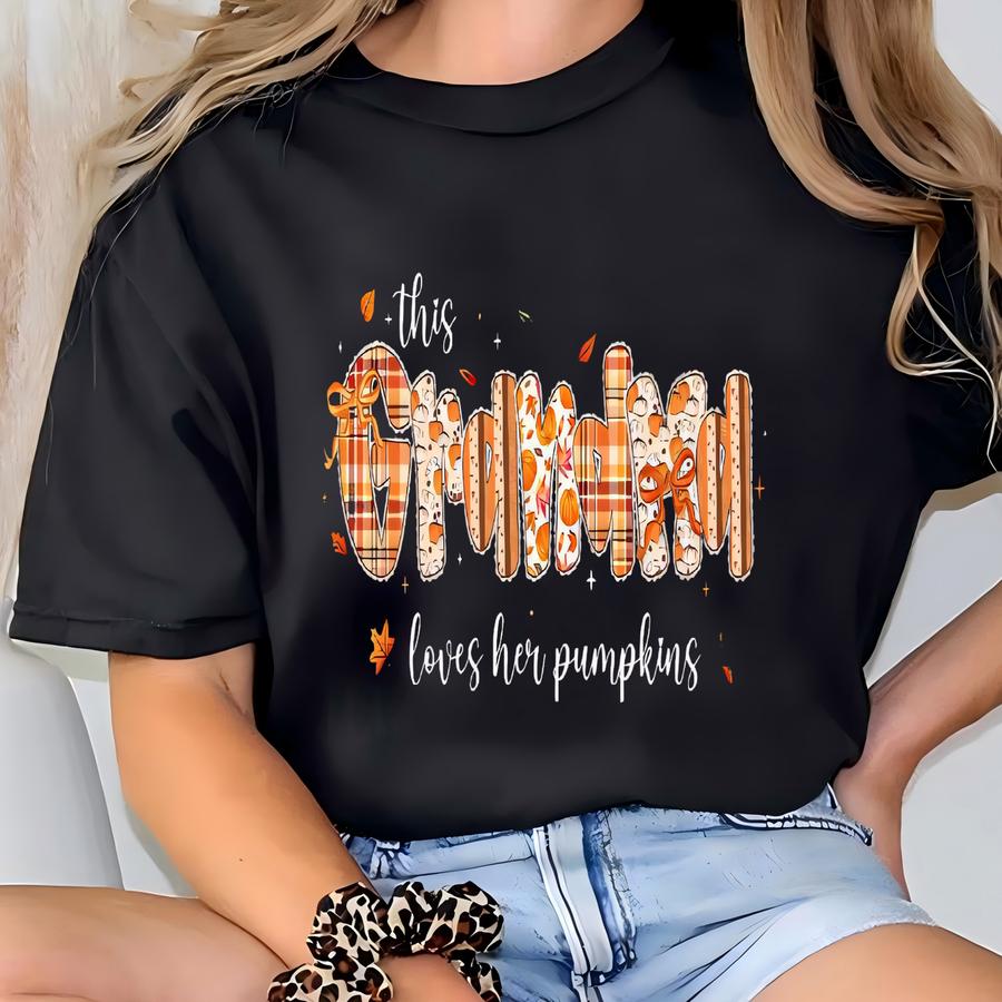 Custom This Grandma Loves Her Pumpkins Sweatshirt, Grandma With Kids Names Shirt, Sweatshirt For Mimi Autumn, Fall Pumpkins Grandma Gift T-shirt