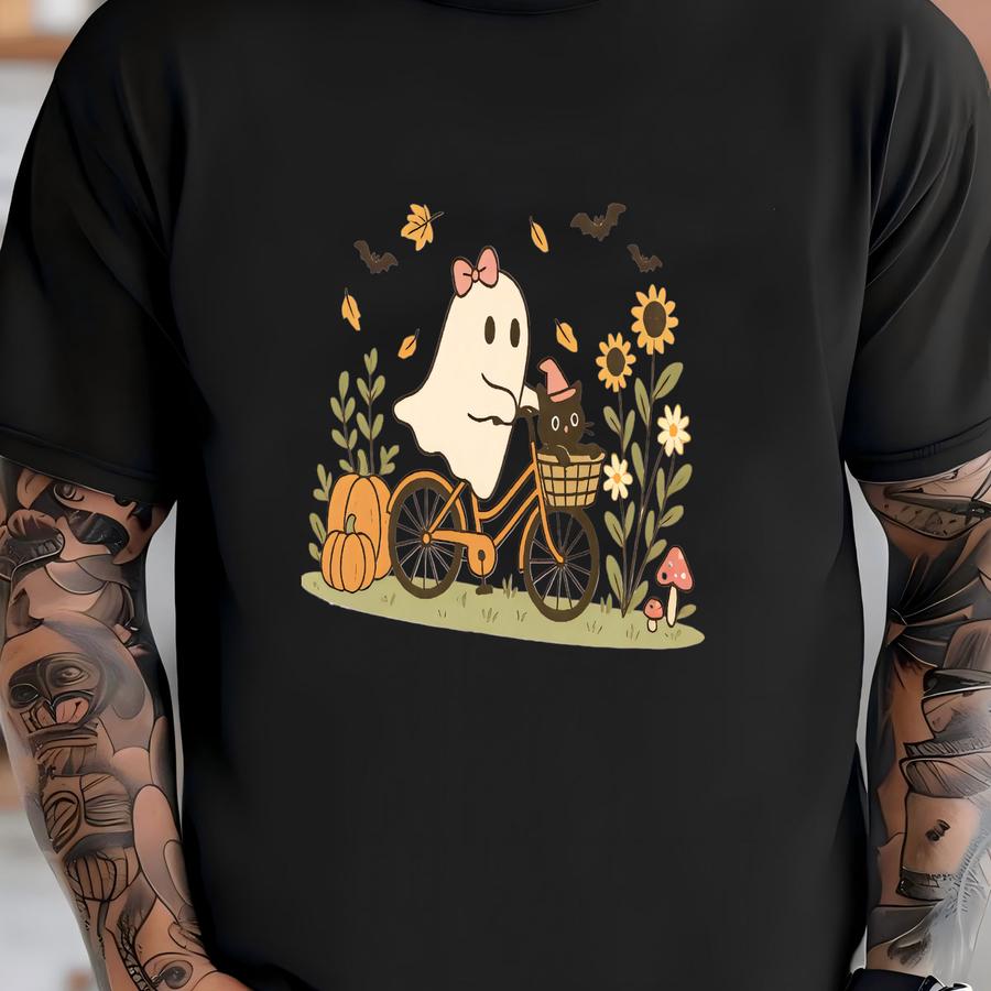 ® Cute Ghost Black Cat Halloween Tshirt, Ghost And Cat Shirt, Ghost Girly Halloween Gift, Halloween Gift T-shirt