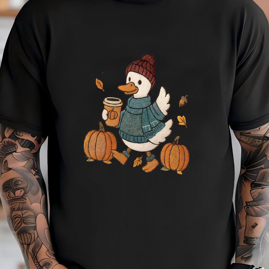 ® Cute Fall Duck Sweatshirt, Cozy Autumn Coffee Shirt, Pumpkin Patch Duck Shirt, Thanksgiving Sweater T-shirt
