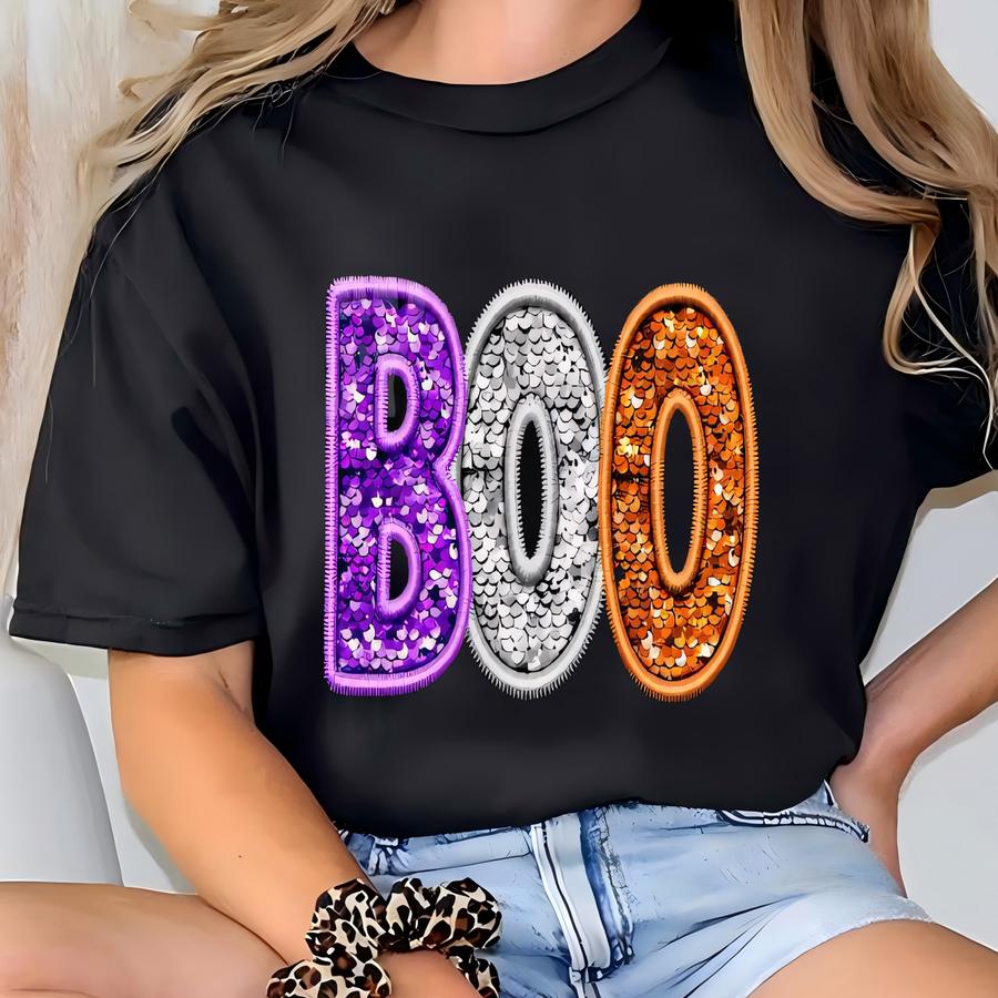 Boo Faux Sequin Purple Orange Sweatshirt, Halloween Sweater, Halloween Family Crewneck, Boo Sweatshirt, Cute Halloween Holiday Sweater Y2k T-shirt