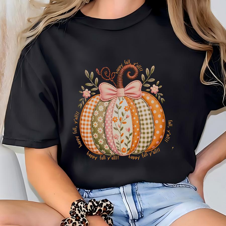 Patchwork Pumpkin Hoodie: Boho Floral Fall Tee T-shirt