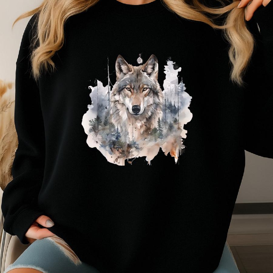 Watercolor Wolf In Forrest Vintage Style Sweatshirt Aesthetic Style , Winter Sweater, Christmas, Fall Sweatshirt