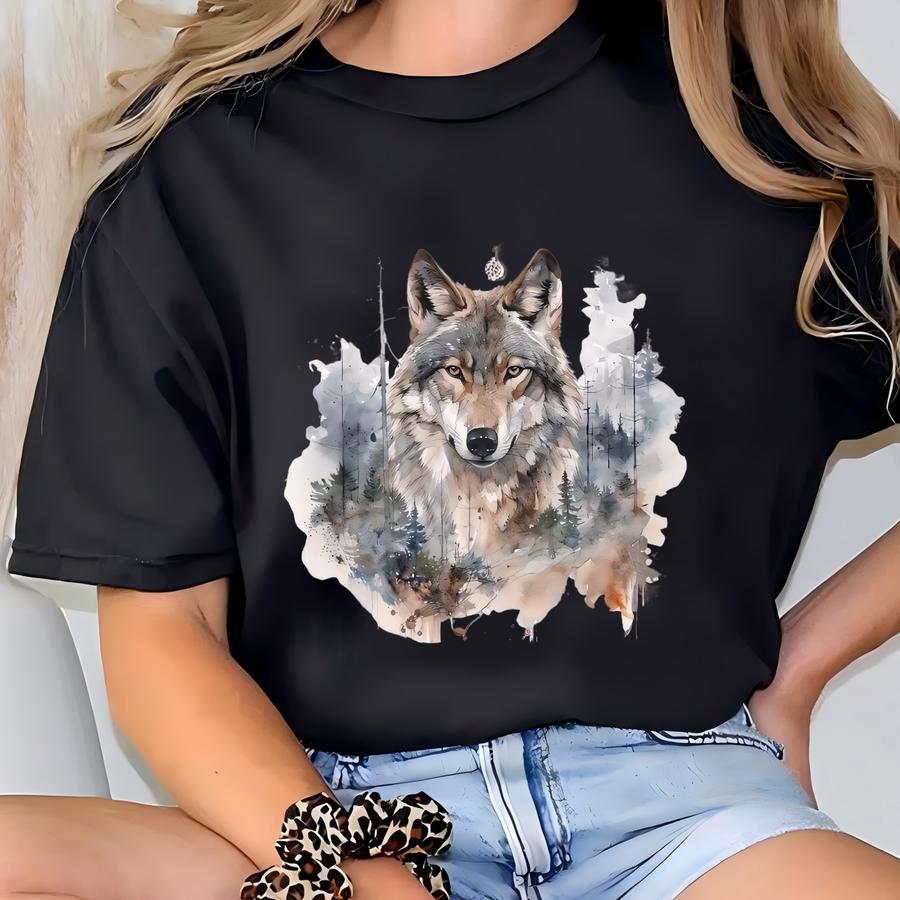 Watercolor Wolf In Forrest Vintage Style Sweatshirt Aesthetic Style , Winter Sweater, Christmas, Fall T-shirt