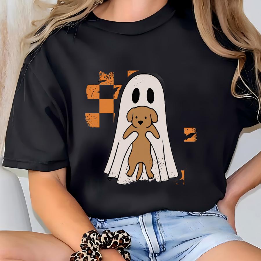 Ghost Dog Halloween Shirt Retro Spooky Season Tee With Checkerboard Gift For Dog Lover Cute Fall Ghost Shirt For Women T-shirt