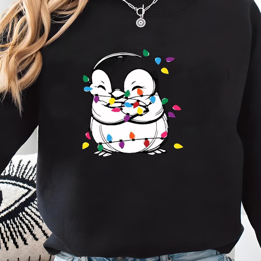 Penguin Christmas Shirt, Merry Christmas Sweatshirt, Couples Matching Christmas Hoodie, Christmas Lights Cute Penguins Tee Sweatshirt
