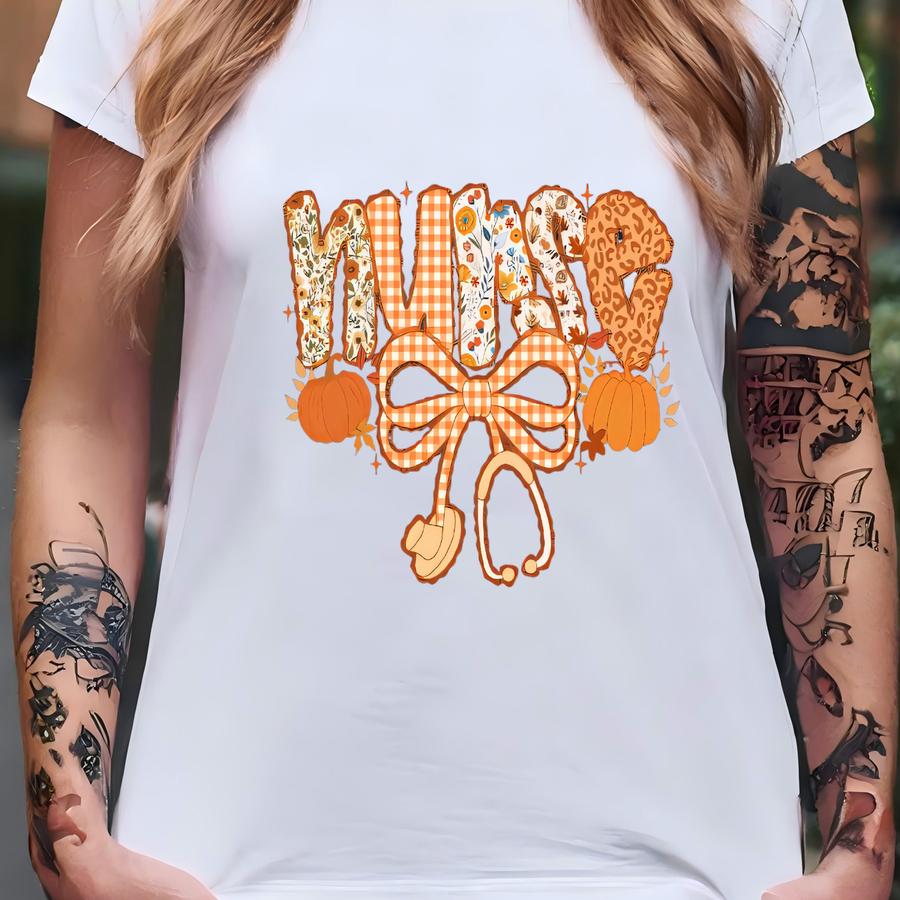 Custom Fall Nurse Sweatshirt, Personalized Nurse Pumpkin Sweatshirt For Nurse, Gift For Nurse, Fall Coquette Bow Shirt For Registered Nurse T-shirt