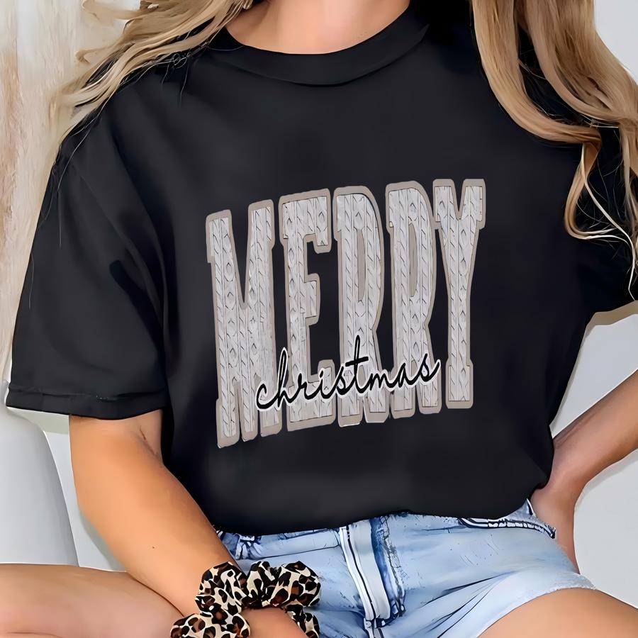 Merry Christmas Sweatshirt: Faux Cable-look Crewneck T-shirt
