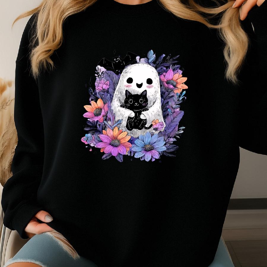 ® Cute Ghost Black Cat Halloween T-shirt, Ghost And Cat Shirt, Cat Mom Halloween Gift, Halloween Gift Sweatshirt