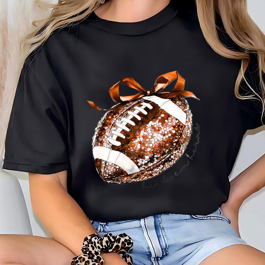 Texas Faux Sequins Coquette Football Tee Or Sweater, Hook’em Horns, Longhorns T-shirt