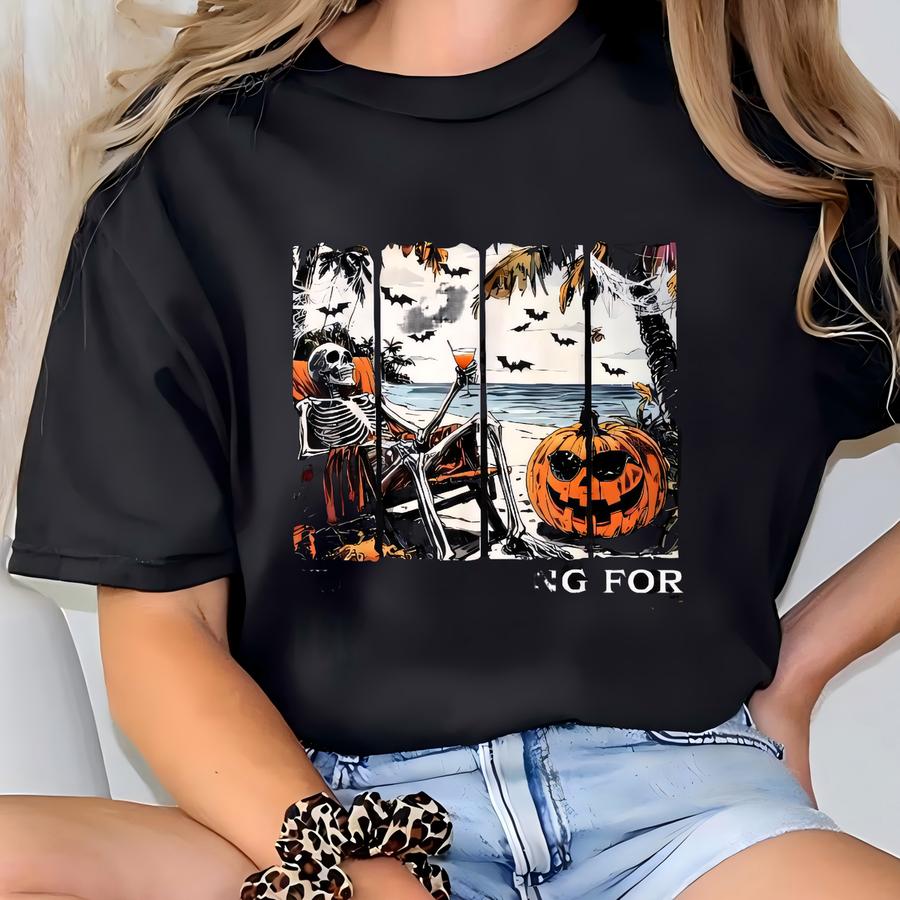 Beach Skeleton Pumpkin Halloween Shirt: Funny Spooky Vacation Tee T-shirt