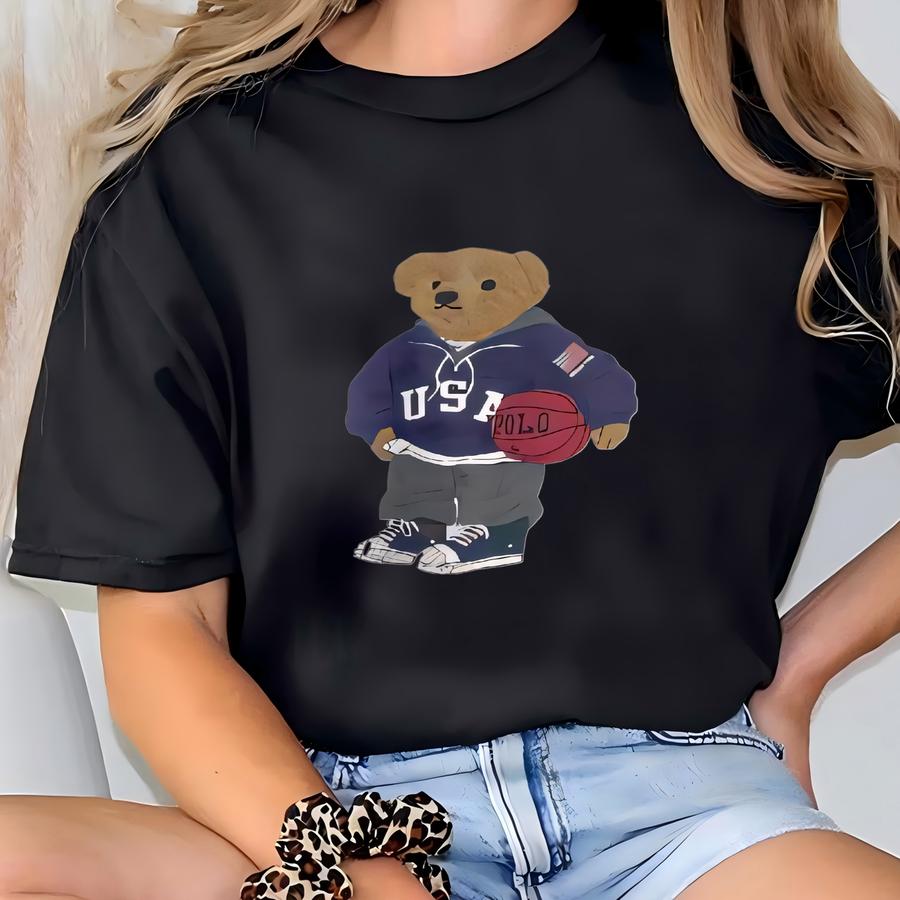 Vintage 90s Polo Ralph Lauren Hoodie Polo Bear Single Stitch Print Logo White Large T-shirt