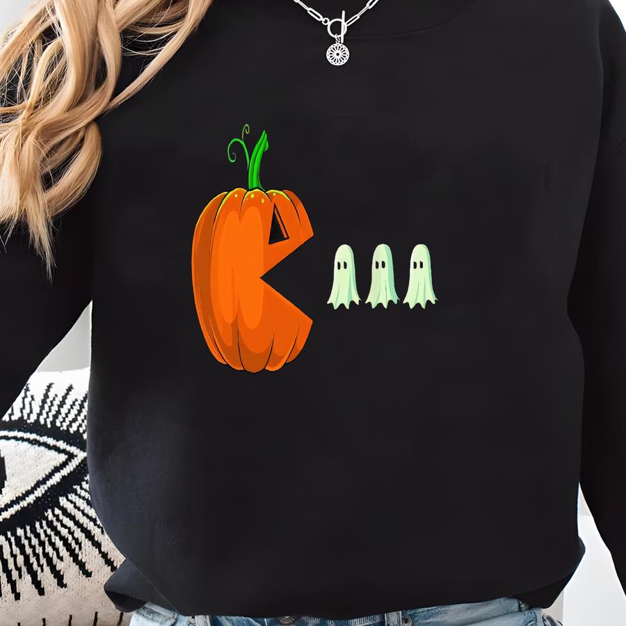 Pac-man Pumpkin Ghost T-shirt: Funny Retro Gamer Halloween Tee Sweatshirt
