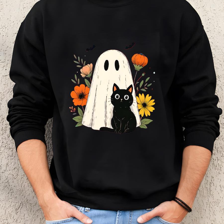 Cute Halloween Youth Shirt, Black Cat And Ghost Shirt, Halloween Sweatshirt, Halloween Cat Toddler Gift, Spooky Season Cat Tee, Fall Tee Sweatshirt