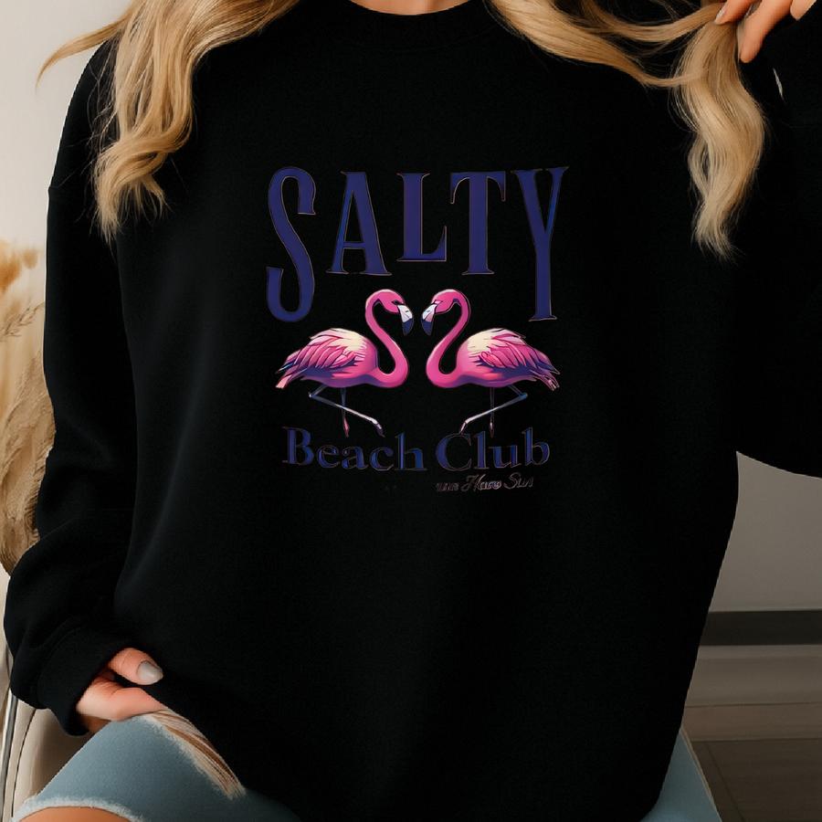 Salty Beach Club Can Cooler: Tropical Flamingo Drink Holder Sweatshirt