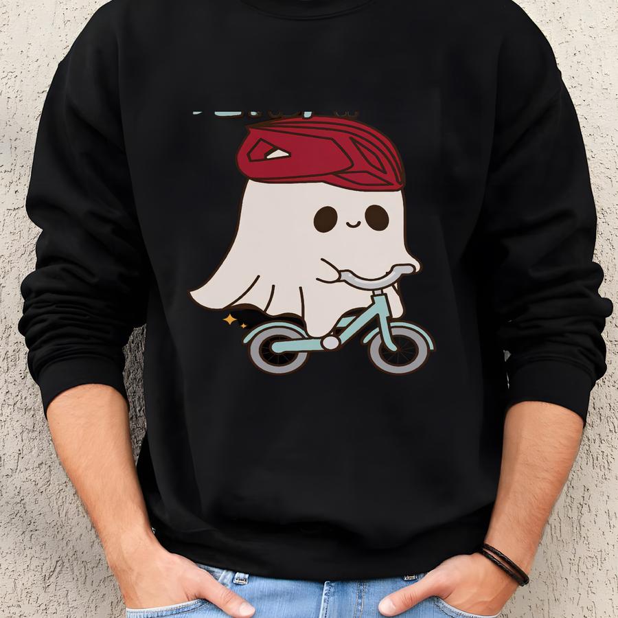 Personalized Canvas Trick-or-treat Tee With Sweet Ghost Riding A Bike Sweatshirt