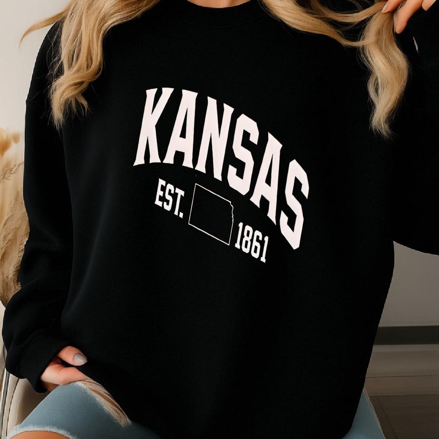 Kansas Varsity Crewneck Shirt Sweatshirt Hoodie, Campus Style Shirt, College Inspired Design, University Graphic Apparel, State Outline Gift Sweatshirt