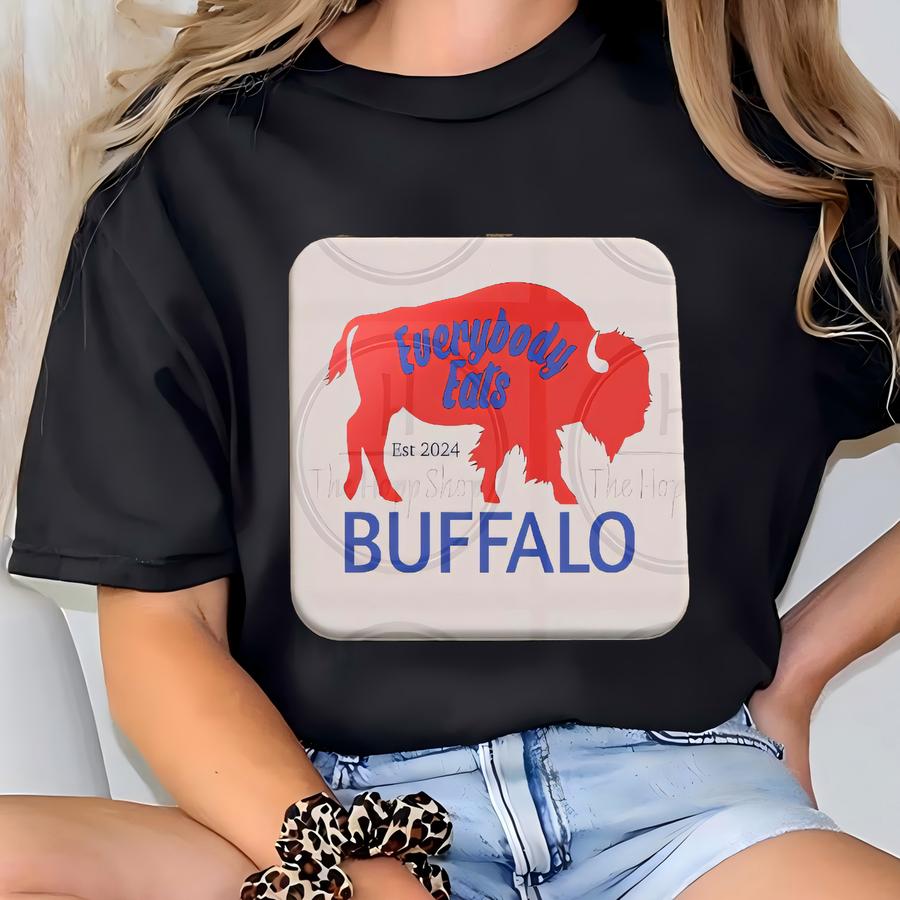 Everybody Eats Est 2024 Buffalo Themed Corkwood Er Set, Drink Ers, Gift For Football Fan, Housewarming Present, Everyday Use T-shirt