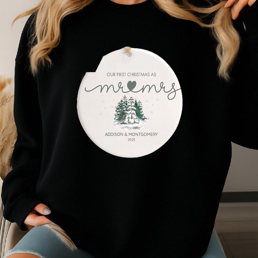Mr Mrs Ornament First Christmas Married Keepsake Personalized Newlywed Ornament Custom Wedding Gift Our First Christmas 2025 Sweatshirt