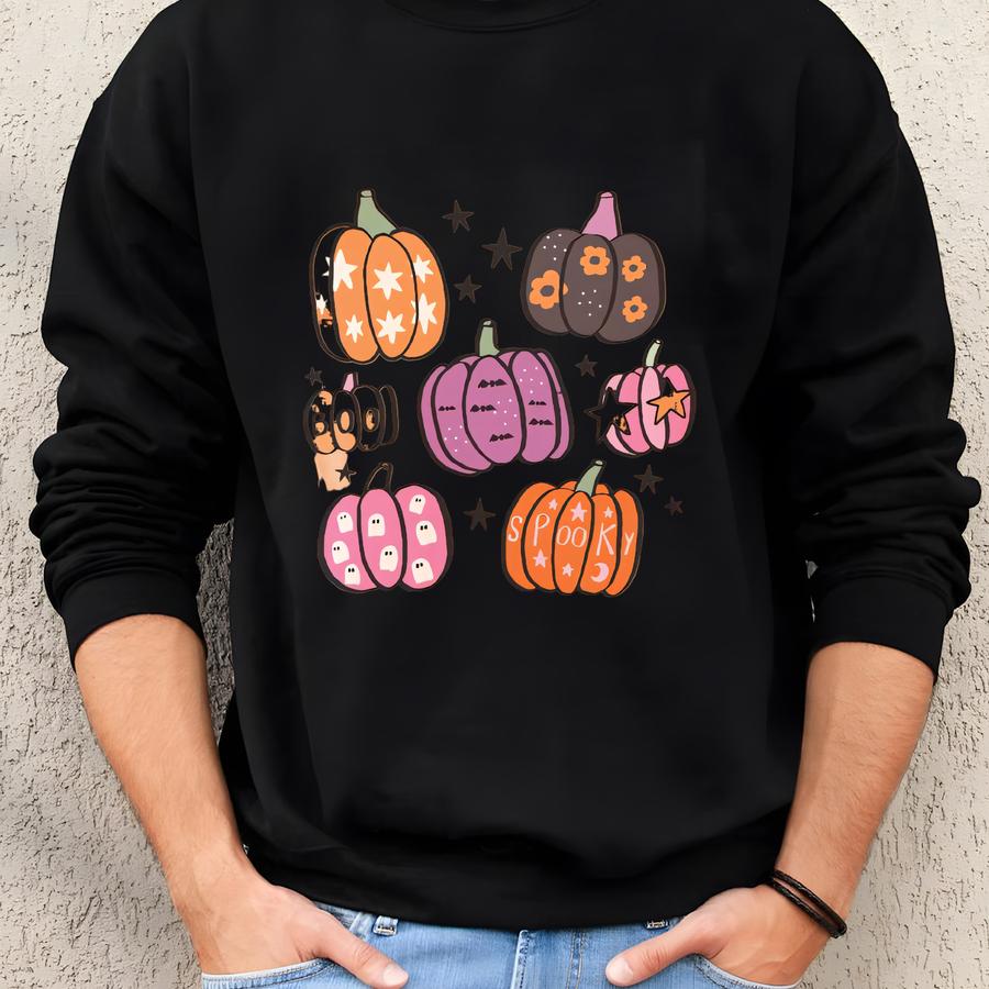 Preppy Halloween Shirt, Pumpkin Shirt, Retro Fall Tshirt, Pink Women's Spooky Season Tee, Floral Pumpkin Season, Cute Autumn Sweatshirt