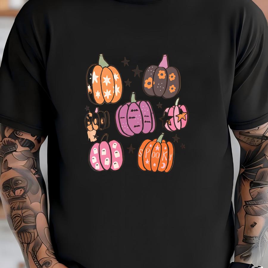 Preppy Halloween Shirt, Pumpkin Shirt, Retro Fall Tshirt, Pink Women's Spooky Season Tee, Floral Pumpkin Season, Cute Autumn T-shirt