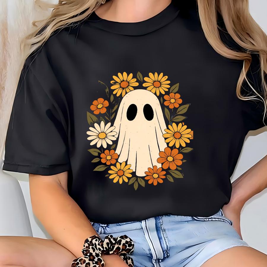 Checkered Ghost Shirt: Halloween Floral Tee T-shirt