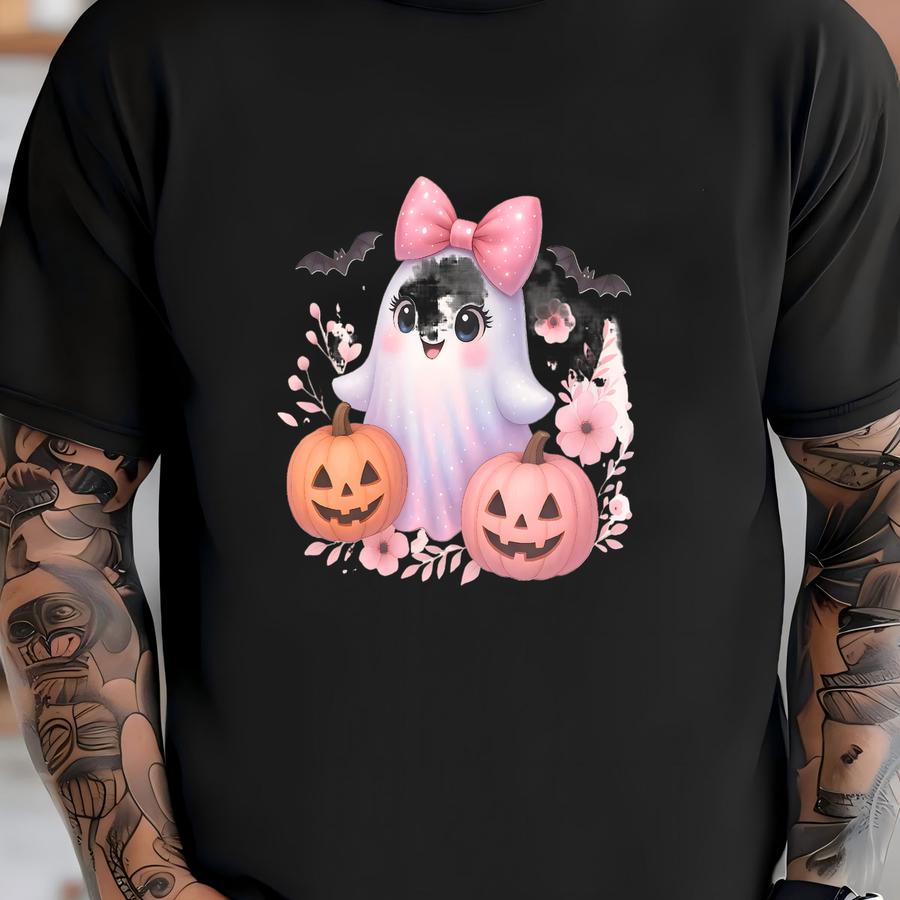 Coquette Pink Bow Ghost Shirt, Cute Spooky Season Tee, Pink Halloween Ghost Hoodie Gift For Women T-shirt