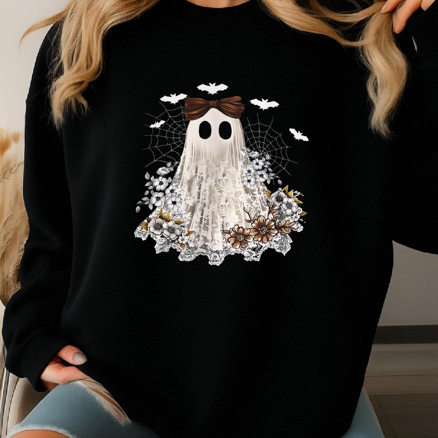 Floral Ghost T-shirt: Lace Detail, Whimsical Halloween Fashion Sweatshirt