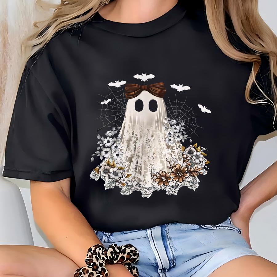 Floral Ghost Hoodie: Lace Detail, Whimsical Halloween Fashion T-shirt