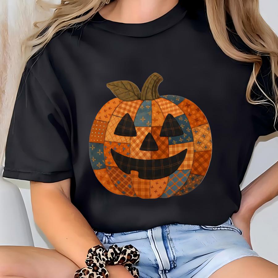 Retro Patchwork Halloween Pumpkin Sweatshirt, Halloween Pumpkin Shirt, Spooky Season Sweater, Halloween Cute Women Outfit, Halloween Gift T-shirt