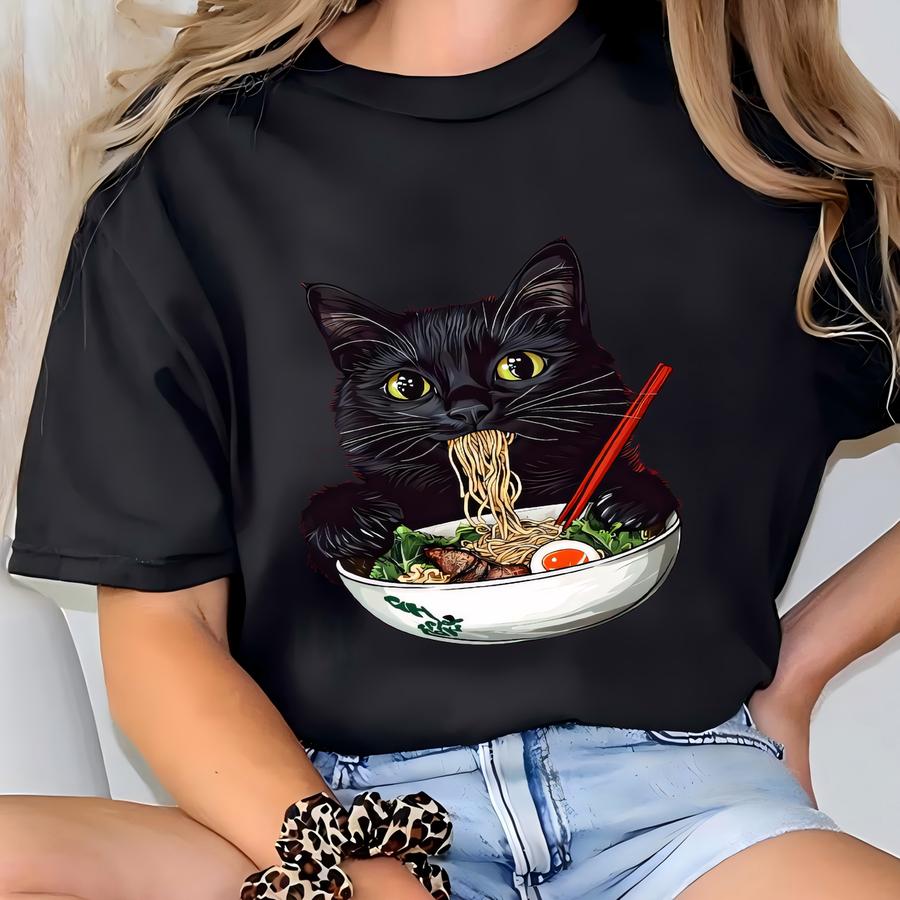 Noodle Cat Kitchen Apron: Ramen Black Cat Baking Gift T-shirt