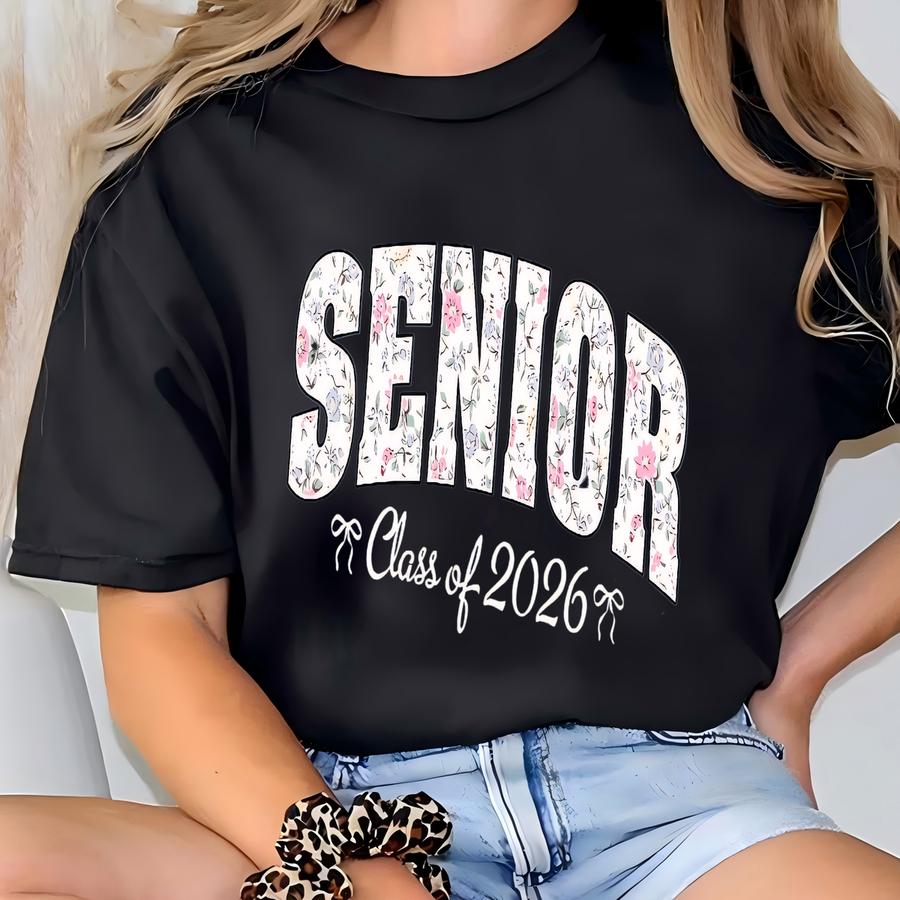 Custom 2026 Senior Shirt Floral, Class Of 2026 Senior Shirt,senior Gift,blue Bow 2026 Senior Coquette Tee,toile De Jouy Back To School Shirt T-shirt