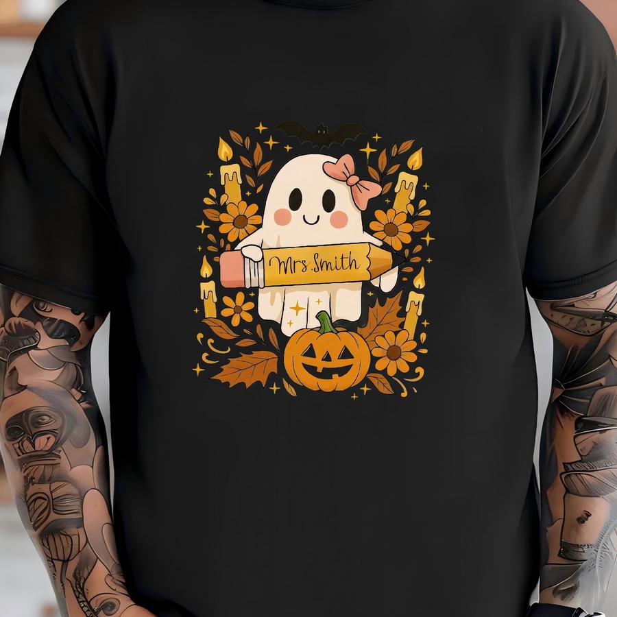 Custom Teacher Halloween Hoodie: Floral Pumpkin Ghost Graphic T-shirt