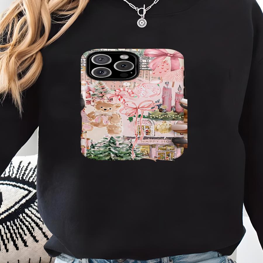 Pink Coquette Christmas Holiday Phone Case, Iphone 17 16 15 14 13 12 11 Mini Pro Max Plus, Magsafe Phone Cases,collage Christmas Phone Cover Sweatshirt