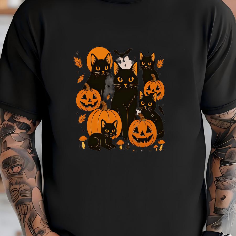 Black Cat Pumpkins Halloween Sweatshirt: Retro Graphic Hoodie T-shirt