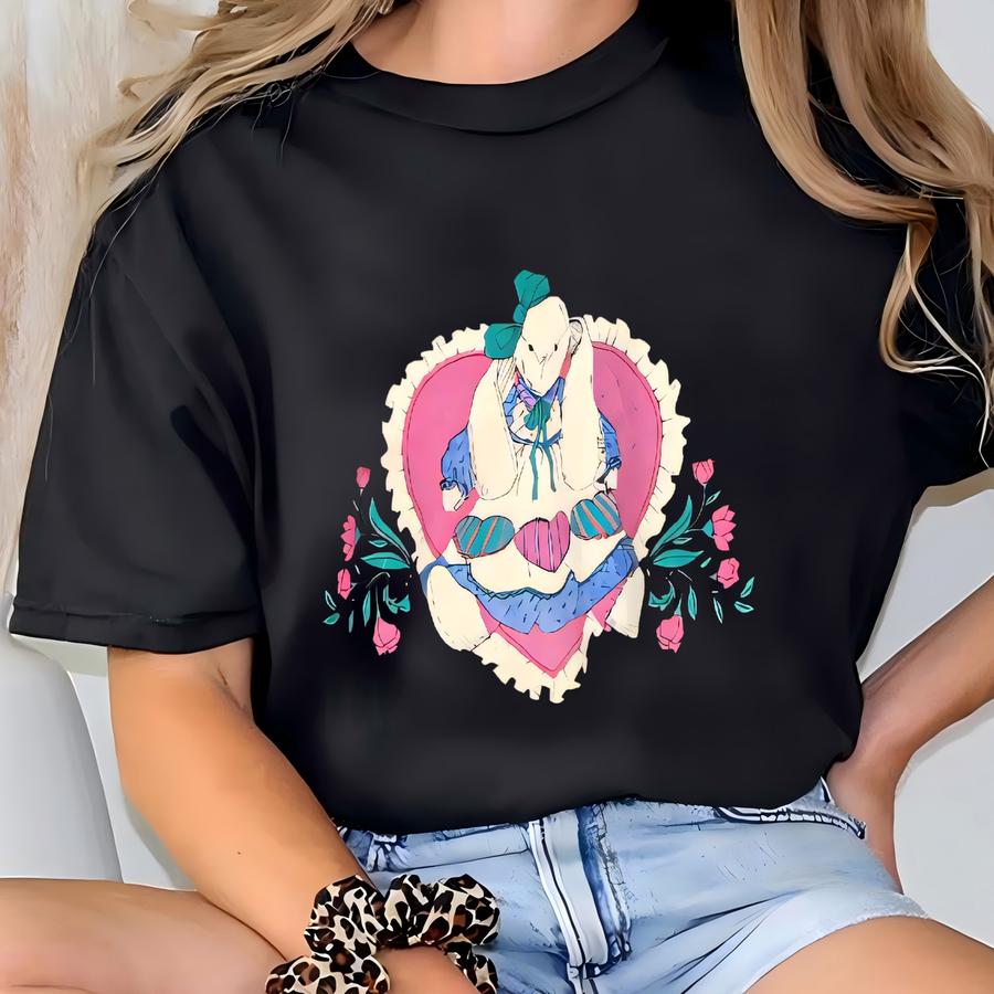 Vintage 90's Rabbit Doll Art Love Sweatshirt Large Bunny Love Flower Artwork Graphic Kitsch Sweater Rabbit Bunny Animal Collared Jumper L T-shirt