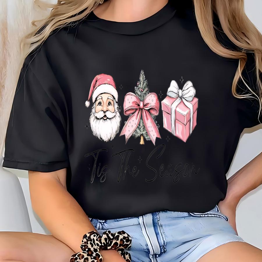 Tis The Season Sweatshirt – Cute Pink Christmas Sweater – Pink Santa Unisex Pullover – Cozy Holiday Shirt – Festive Winter Top T-shirt