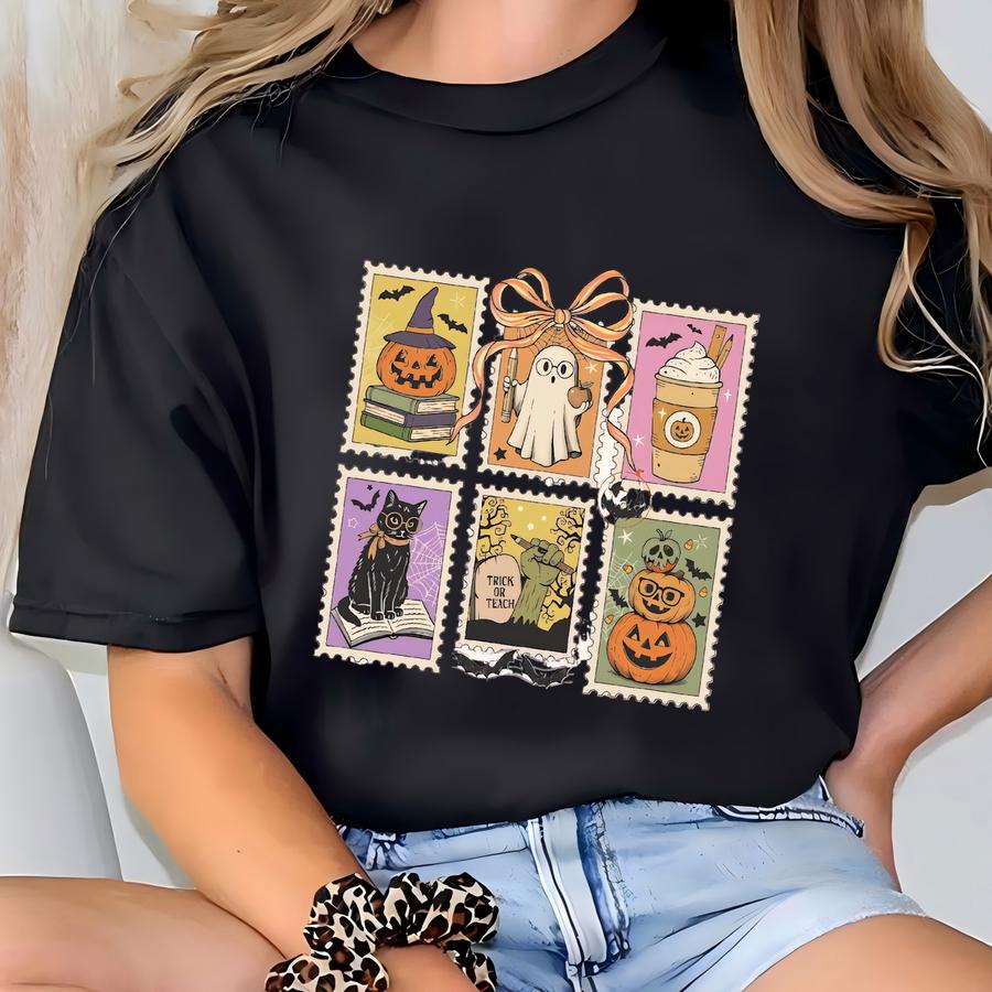 ® Halloween Teacher Shirt, Vintage Spooky Stamp Teacher Hoodie, Gift For Teacher, Back To School Tee, Fall Ghost Teacher Tee T-shirt